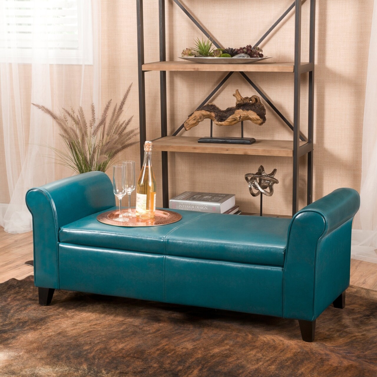 Teal leather storage deals ottoman